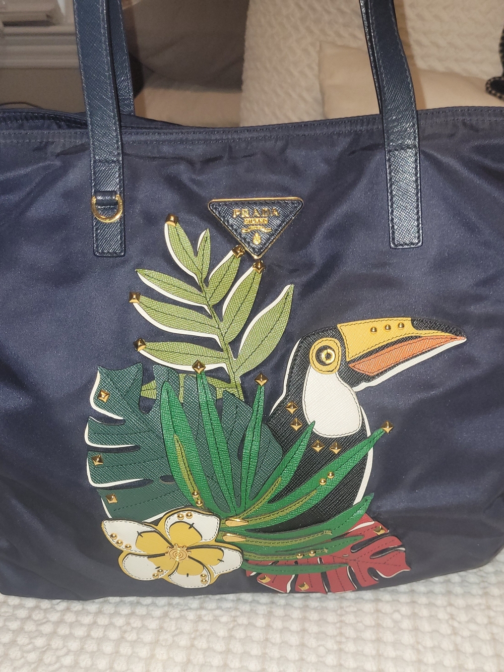 Prada Tessuto Nylon Tropical Toucan Appliqué Navy Tote Bag - Picture 2 of 9